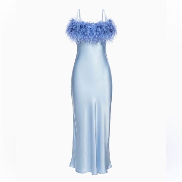 NWT SLEEPER Boheme Feather-trimmed Midi Slip Dress in Ecovero Blue M - Picture 5 of 11